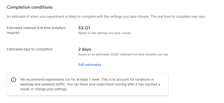 Google Play Store Listing Experiments - completion conditions